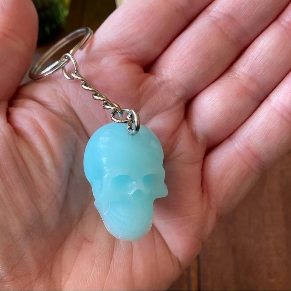 Handcrafted Resin Milky Light Blue Skull 3” Keychain Gothic Backpack Bag Charm